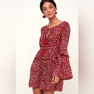 La Palma Wine Red Floral Print Long Sleeve Shift Dress